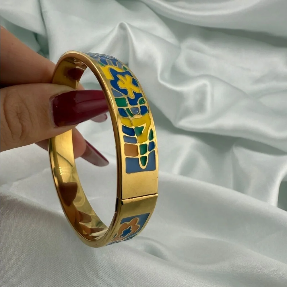 New women stainless steel art Gold and Blue Enamel Bracelet